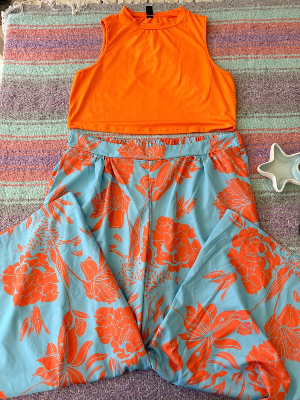 SHEIN Curve 3XL Orange Crop Top & Floral Wide Leg Pants Set